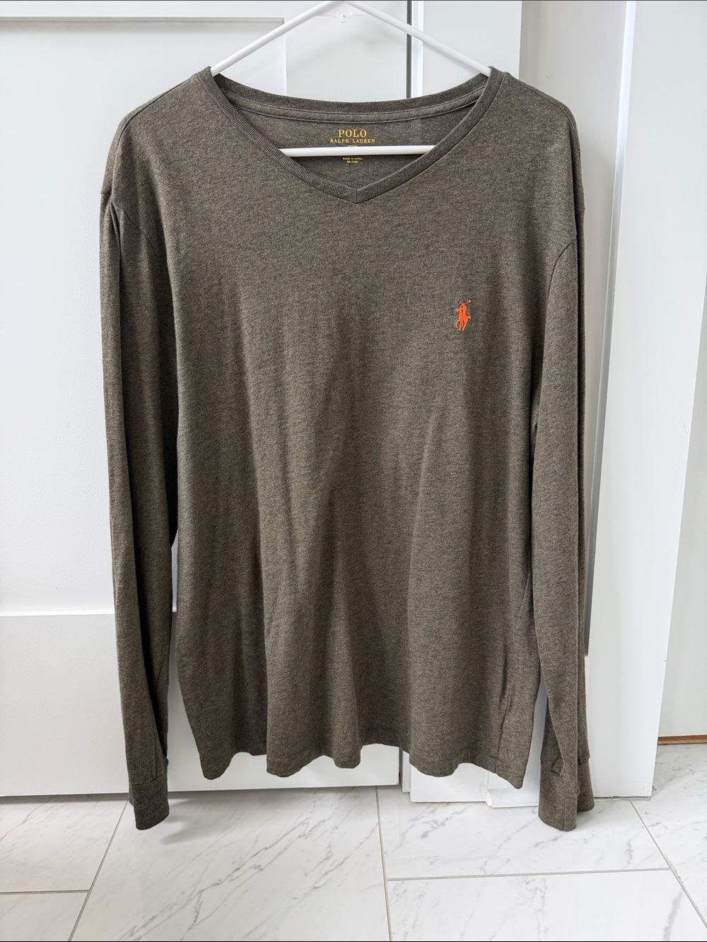Mens Polo by Ralph Lauren Olive Long Sleeve V-Neck with Orange Polo Logo